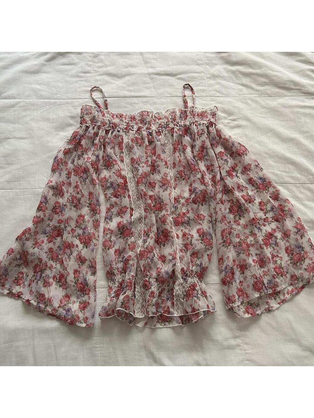 RyuRyu Floral Bell Sleeve Top Lace Trim Cream Pink Size Small Japan